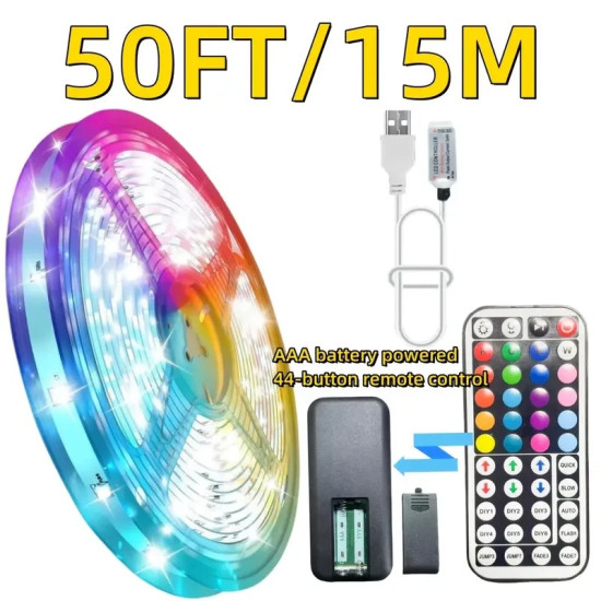 15M RGB LED Strip Lights - USB Powered 5050 Light Tape with Remote - Indoor Multi-Color Strip 15M RGB LED Strip Lights - USB Powered 5050 Light Tape with Remote - Indoor Multi-Color Strip