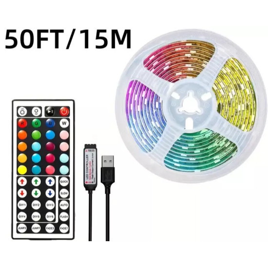 15M RGB LED Strip Lights - USB Powered 5050 Light Tape with Remote - Indoor Multi-Color Strip 15M RGB LED Strip Lights - USB Powered 5050 Light Tape with Remote - Indoor Multi-Color Strip