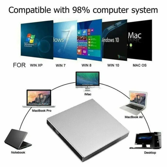 External CD / DVD Drive USB 2.0 Slim Silver Plug & Play