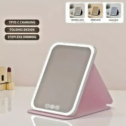 Pink Portable LED Makeup Mirror - USB Rechargeable, 3-Color Light Modes, Touch Dimmable, Foldable Travel Vanity Mirror