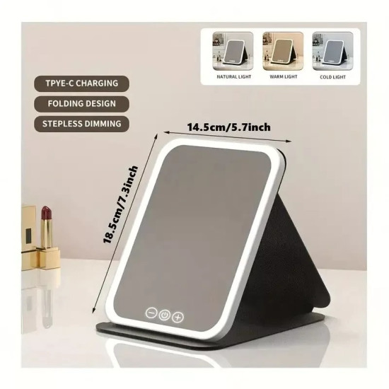 Pink Portable LED Makeup Mirror - 3 Light Modes, USB Rechargeable, Touch Dimmable, Foldable Travel Mirror (No Retail Box - Save Money)