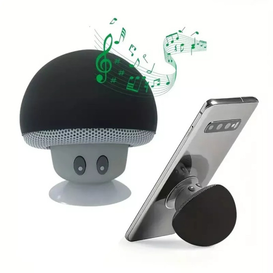 Black Mini Mushroom Bluetooth Speaker - Portable Wireless 3W Speaker with Suction Cup Stand, USB Rechargeable