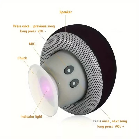 Black Mini Mushroom Bluetooth Speaker - Portable Wireless 3W Speaker with Suction Cup Stand, USB Rechargeable