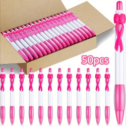 50-Pack Breast Cancer Awareness Pink Pens with Keyring and Sticker - Bulk Charity Gift Set
