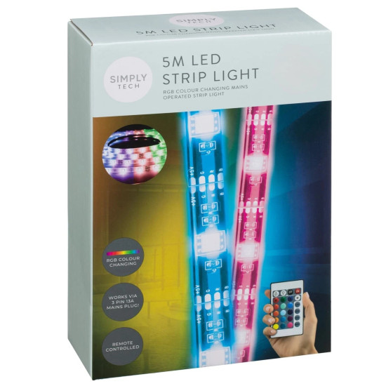 Smart Tech 5m RGB Colour Changing LED Strip Lights - Mains Operated, Remote Control & App Compatible Smart Tech 5m RGB Colour Changing LED Strip Lights - Mains Operated, Remote Control & App Compatible