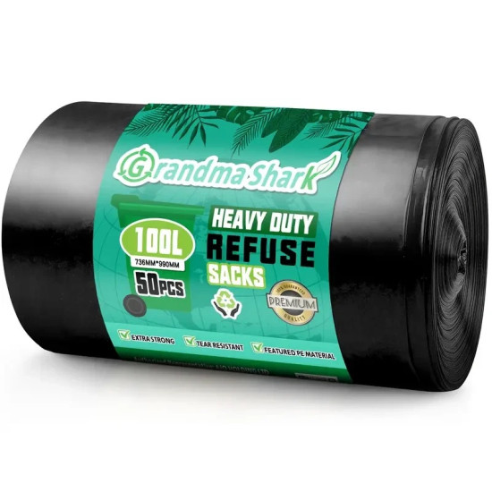Heavy Duty 100L Black Bin Bags - Leak Resistant Recyclable Refuse Sacks - 50 Bags