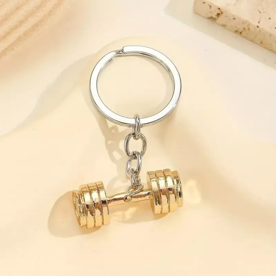 Gold Dumbbell Keyring - Metal Gym Keychain for Fitness Enthusiasts & Weightlifting Fans