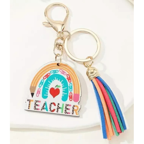 Rainbow Wooden Alphabet Teacher Keychain - Colorful Tassel Keyring Gift for Teachers, Christmas & School Spirit