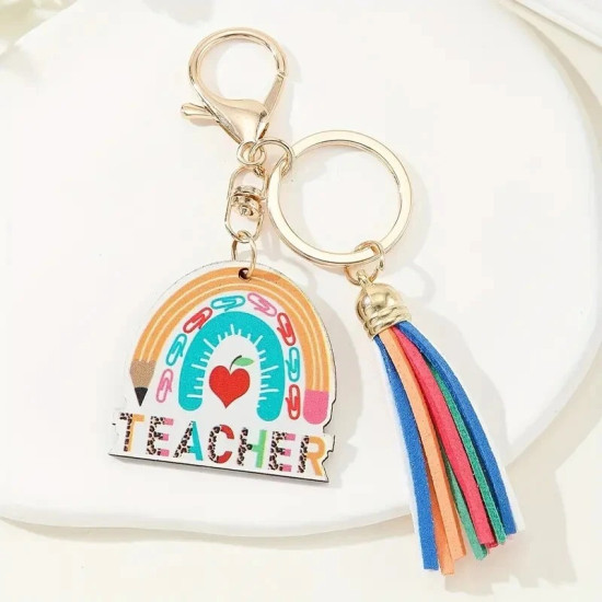 Rainbow Wooden Alphabet Teacher Keychain - Colorful Tassel Keyring Gift for Teachers, Christmas & School Spirit