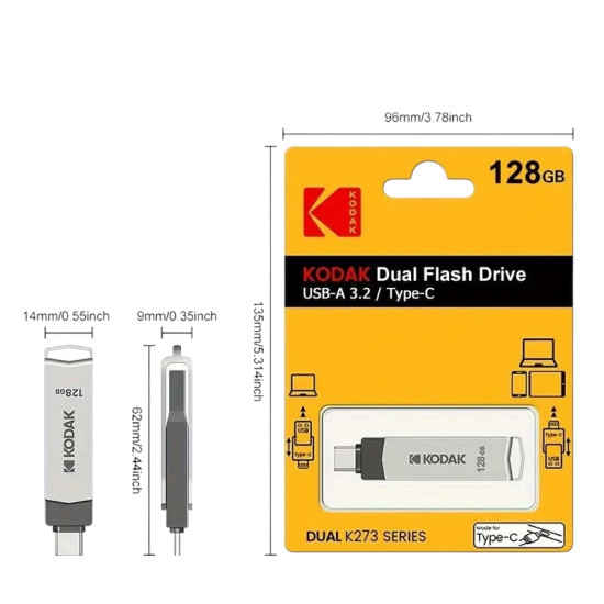  128GB Kodak USB 3.2 & USB Type-C Dual Flash Drive (K273)