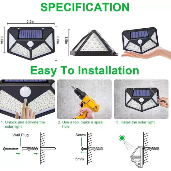 LED Solar Lights | Sensor Wall Lights -| Outdoor IP65 Waterproof Security Light 100 LEDs (4 Pack)