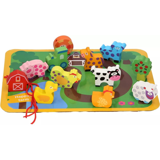 Wooden Farm Animal Playset for Toddlers - Threading & Shape Learning Toy 18m+ Wooden Farm Animal Playset for Toddlers - Threading & Shape Learning Toy 18m+